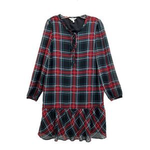 Draper James Small Plaid Long Sleeve Flounce Ruffle Hem Shift Dress Tie Neck
